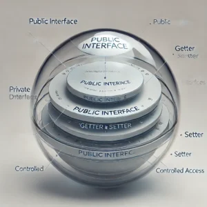 Ilustração de encapsulamento em programação: uma esfera transparente representando um objeto, com camadas internas simbolizando dados privados e métodos protegidos. A camada externa, chamada 'Interface Pública,' possui aberturas controladas rotuladas como 'Getter' e 'Setter,' destacando o acesso limitado. Design moderno e educacional.