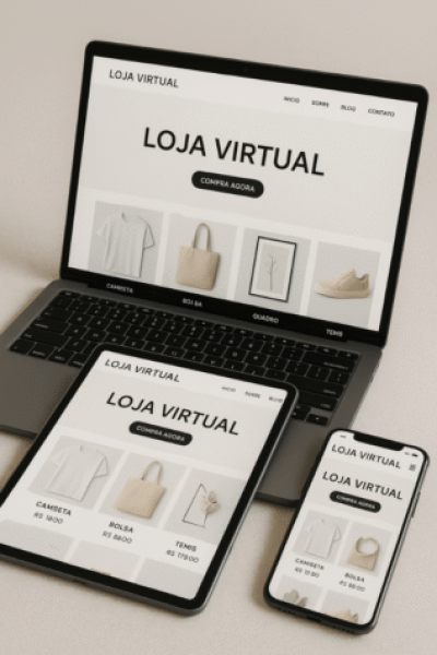 Visualização de e-commerce em diferentes telas.